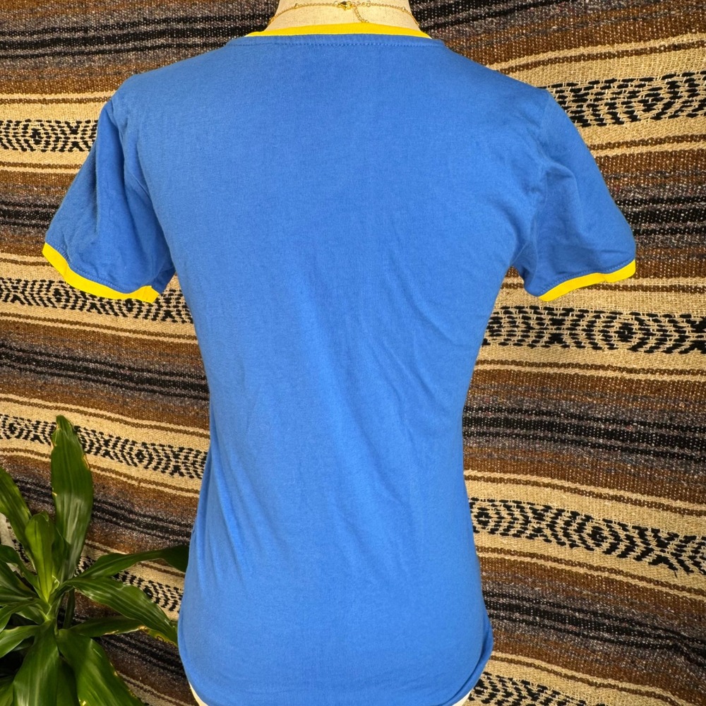 ABBA Official Merchandise Blue Yellow Ringer Tee Flocked Logo Shirt Small - Picture 2 of 6